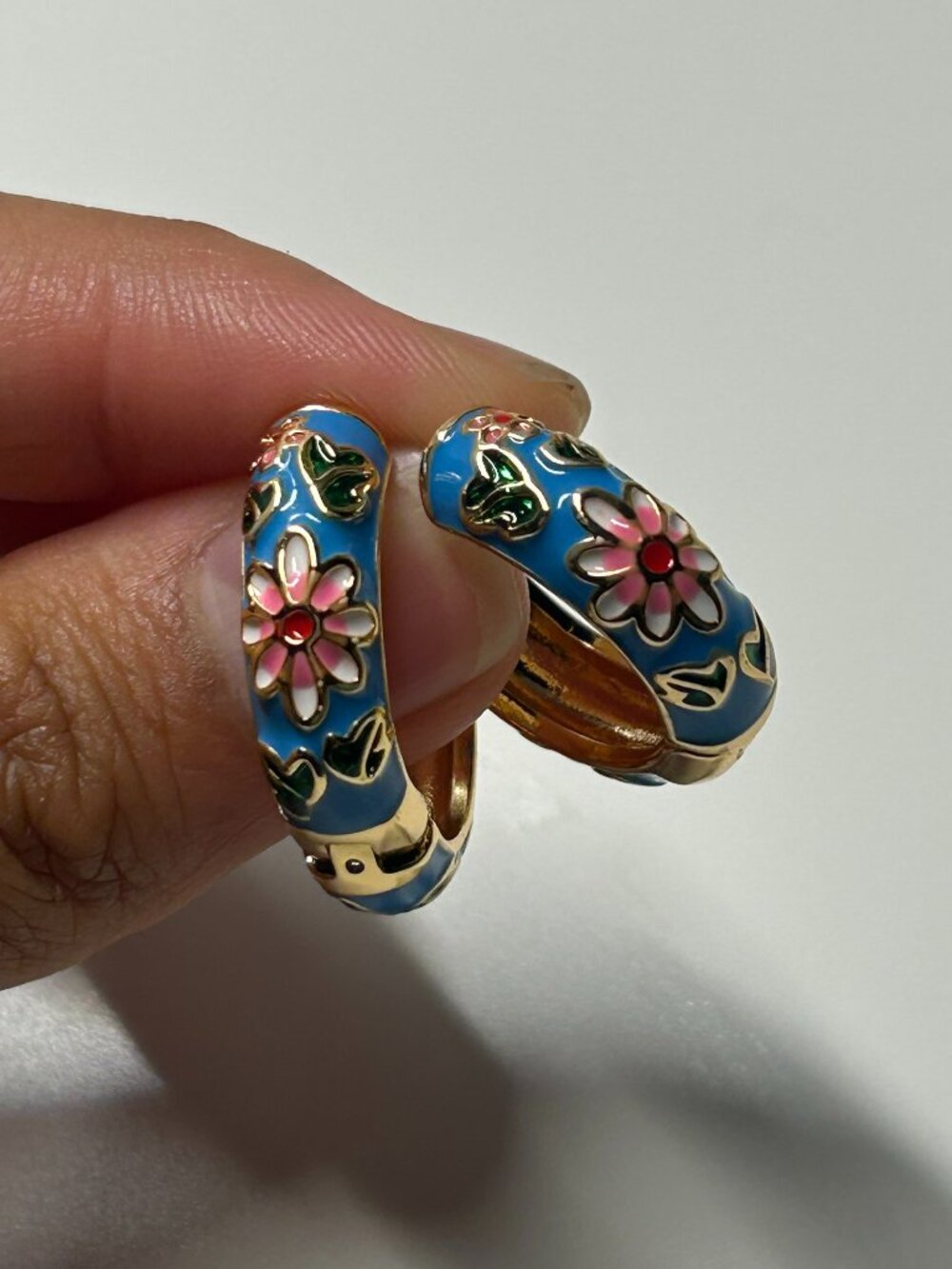 Blue Floral Huggie Hoop Earrings Gold-Tone Dainty Cottagecore Flowercore Girly